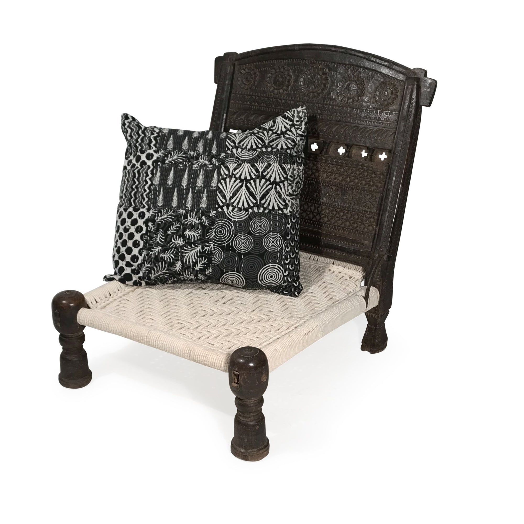 Chip Carved Low Chair From Rajasthan    - 19thC | Indigo Oriental Antiques