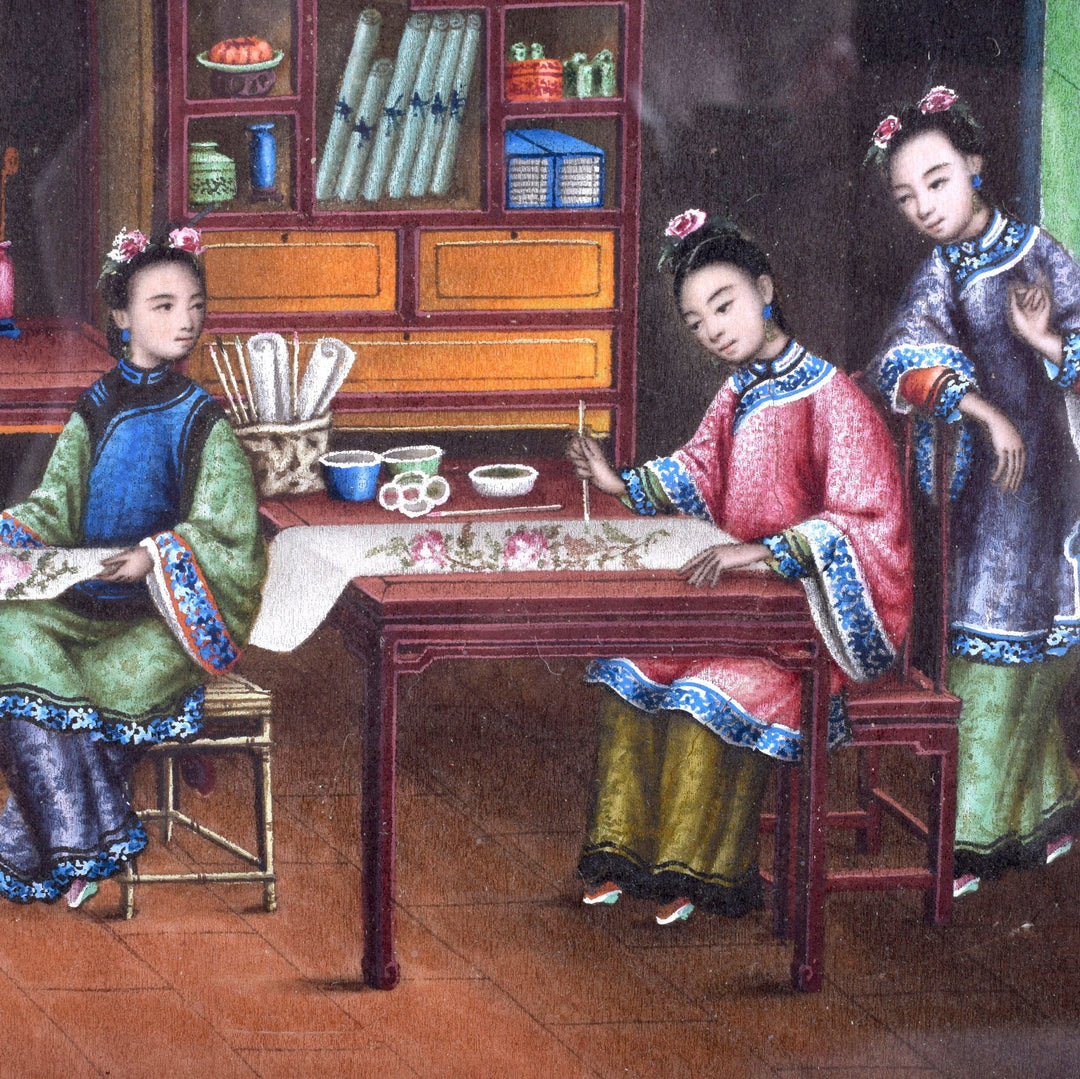 A Chinese pith painting scene showing a woman seated on a Chinese chair carrying out calligraphy | Indigo Antiques