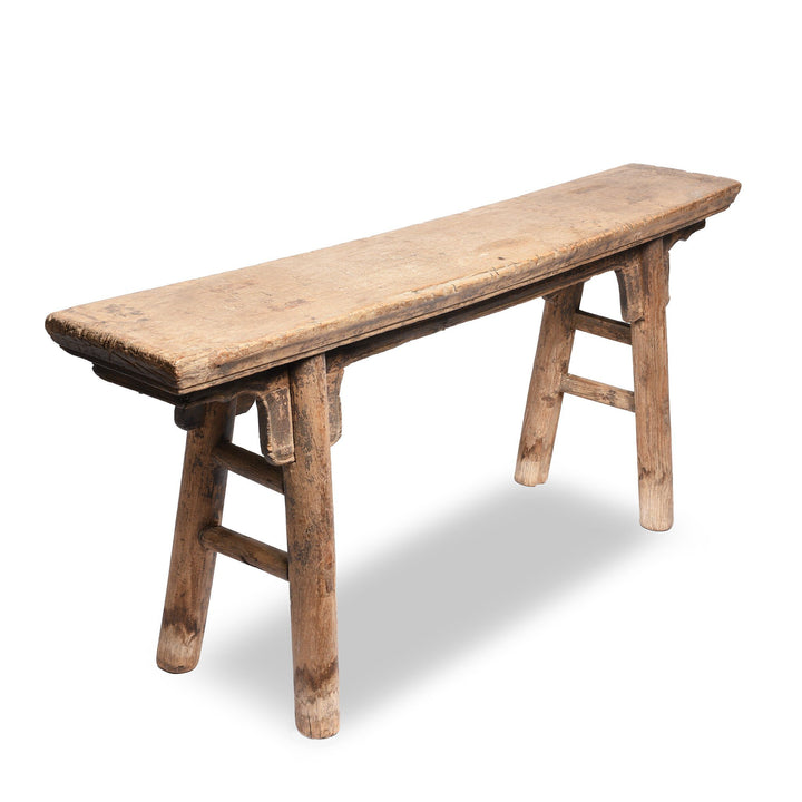 Angled View Of Old Chinese Elm Bench | Indigo Antiques
