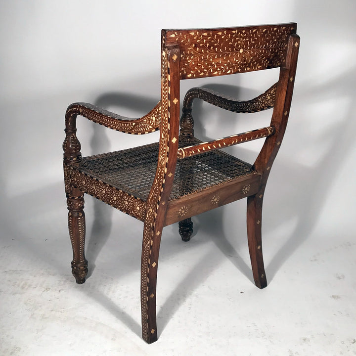 Back Detail of an old Bone Inlay Indian Teak Chair 