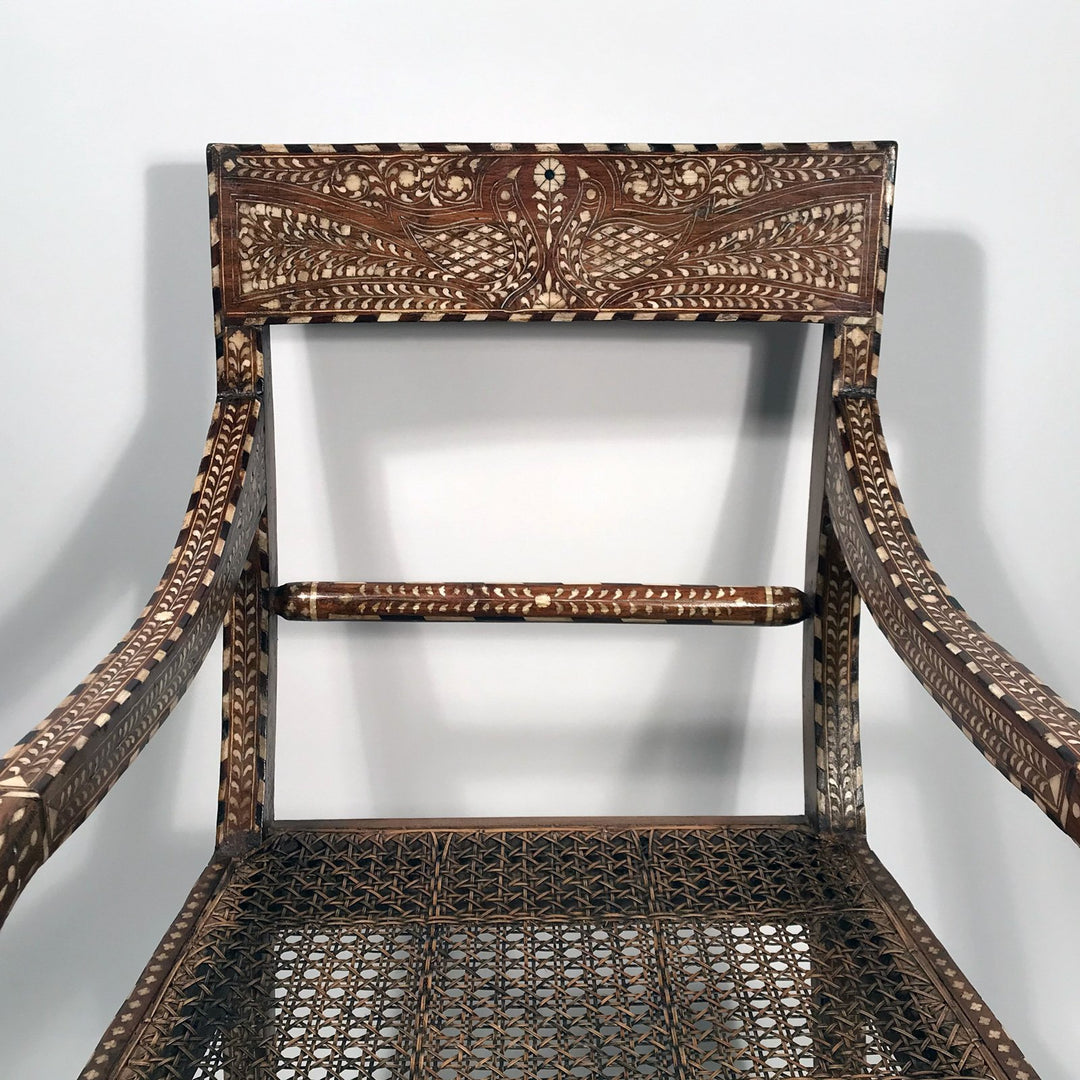 Back Detail of an old Bone Inlay Indian Teak Chair 