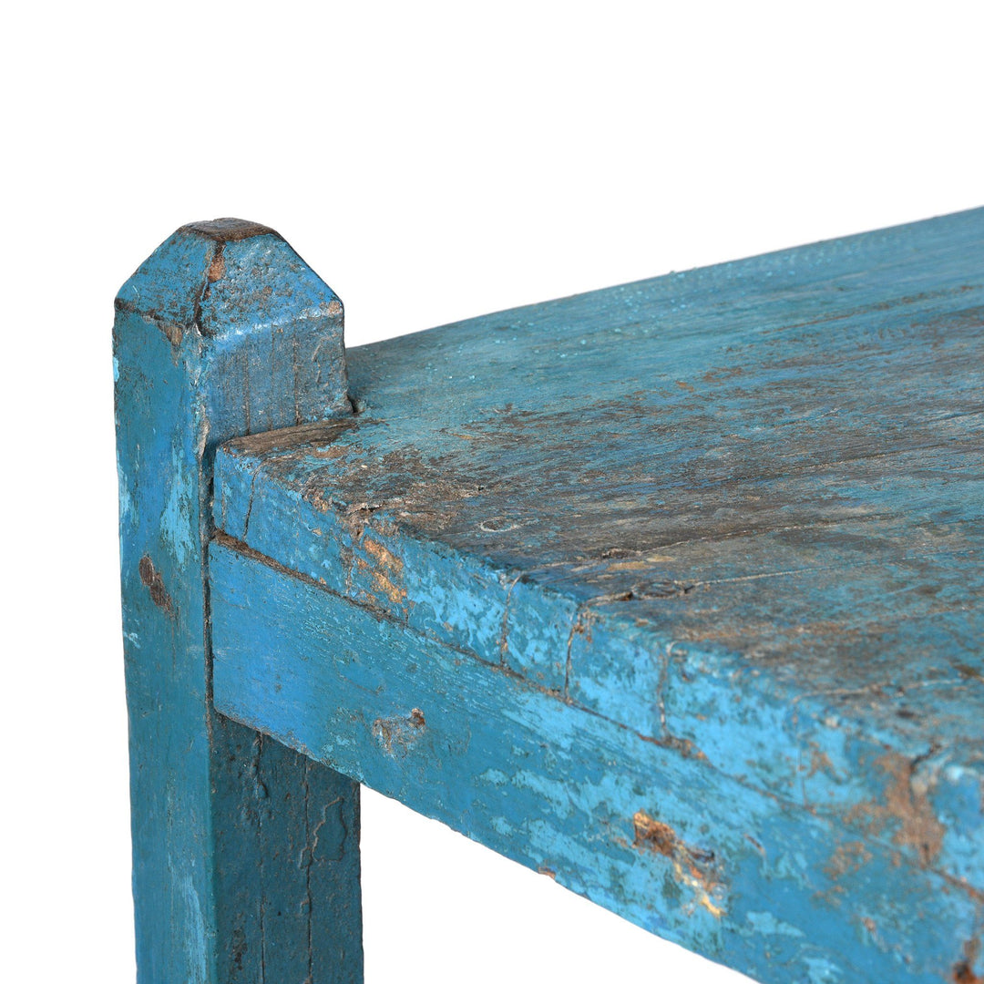 Corner detail from a Vintage Indian Teak Shelf With Blue Paint Finish - Ca 1920