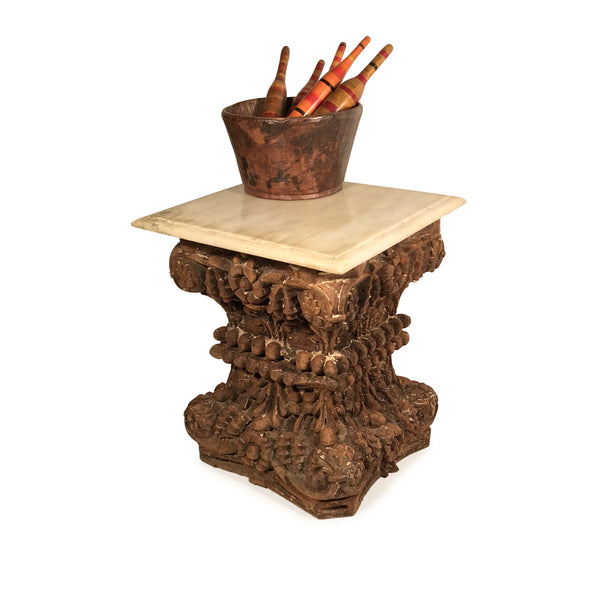 Marble Side Table Made From 19thC Carved Teak Capitols