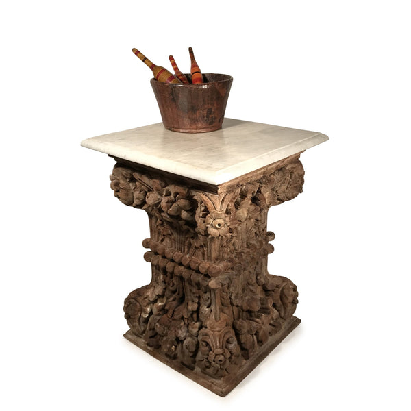 Marble Side Table Made From 19thC Carved Teak Capitols