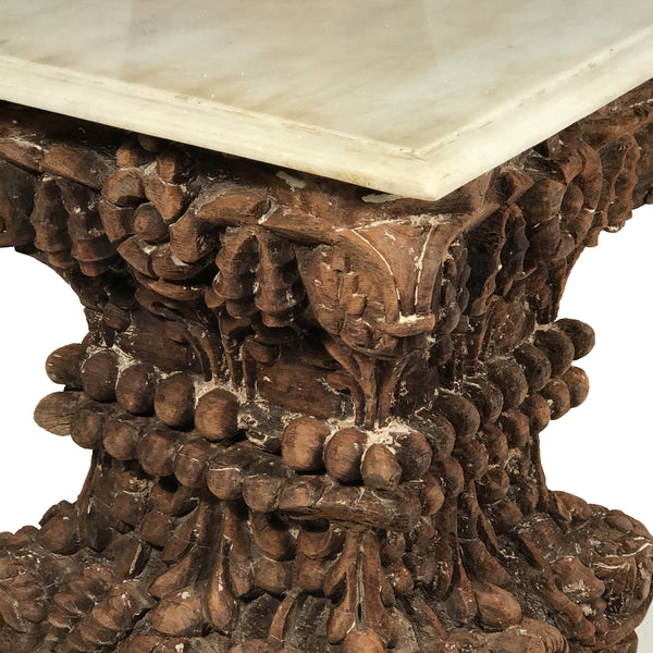 Marble Side Table Made From 19thC Carved Teak Capitols