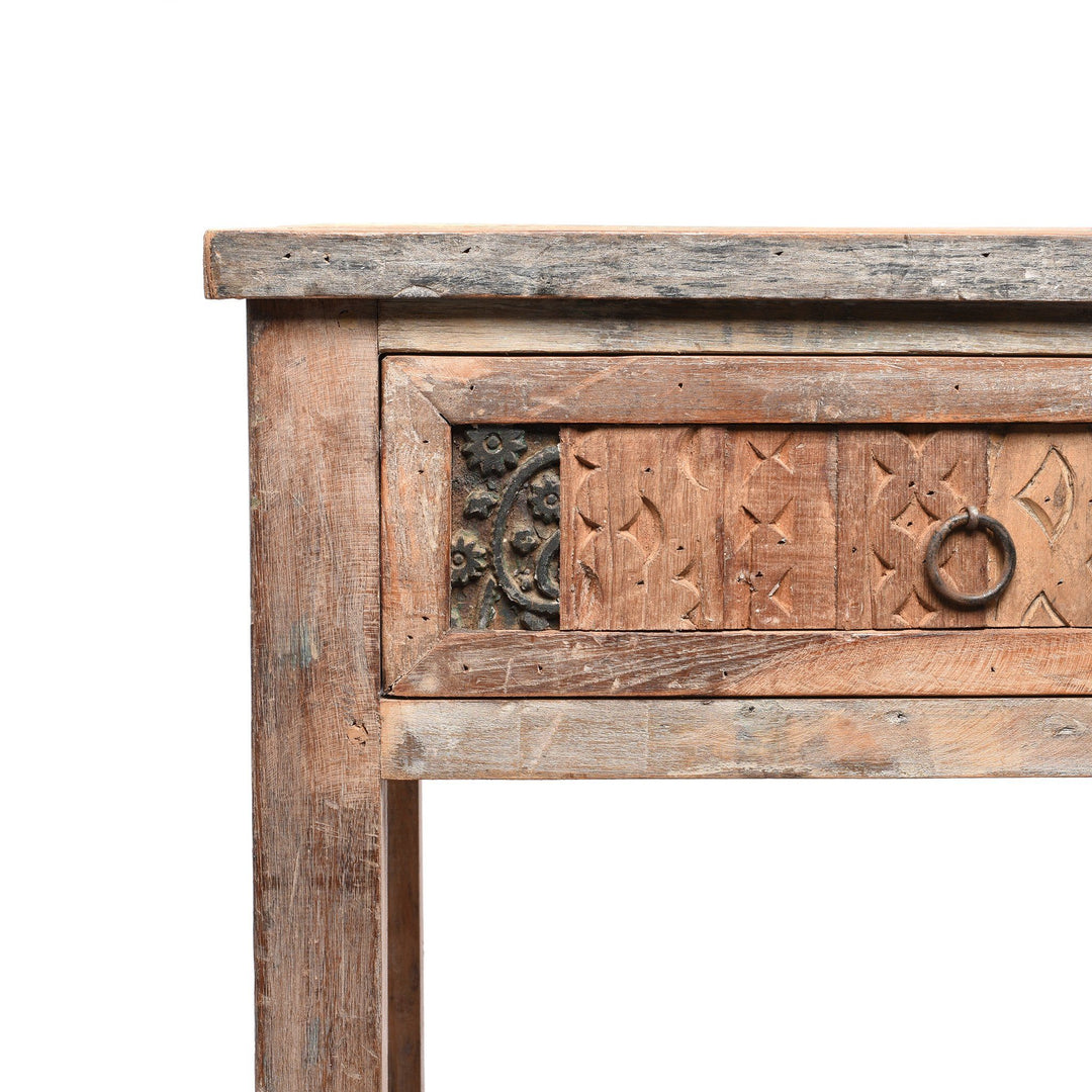 Corner Detail Of One Drawer Side Table Made From Reclaimed Wood | Indigo Antiques