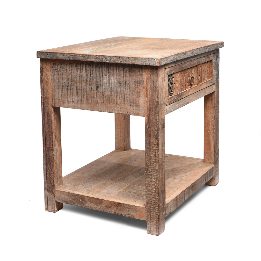 Side View Of One Drawer Side Table Made From Reclaimed Wood | Indigo Antiques