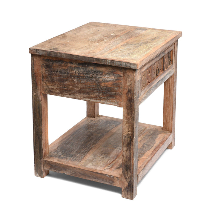 Corner View Of Side Table with Drawer From Reclaimed wood | Indigo Antiques