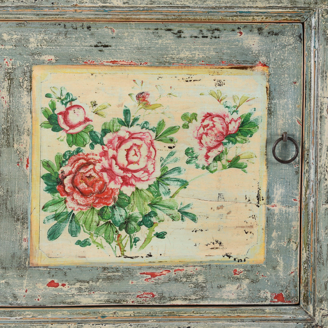 Chinese Flower Painting Detail from a Pale Blue Vintage 2 Door Painted Mongolian Sideboard - Ca 1920 | Indigo Antiques