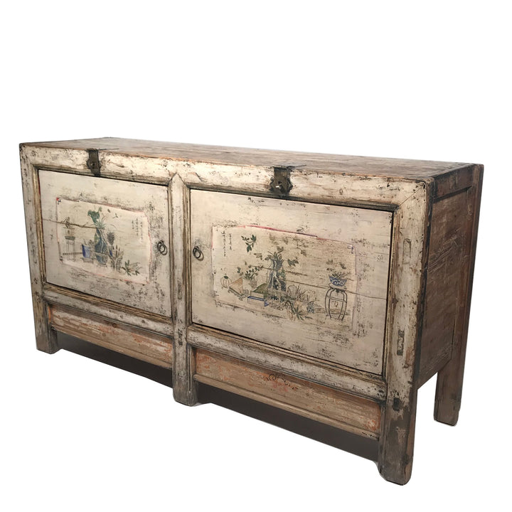 Old White Painted Mongolian Sideboard with Original Painting and Original Brass