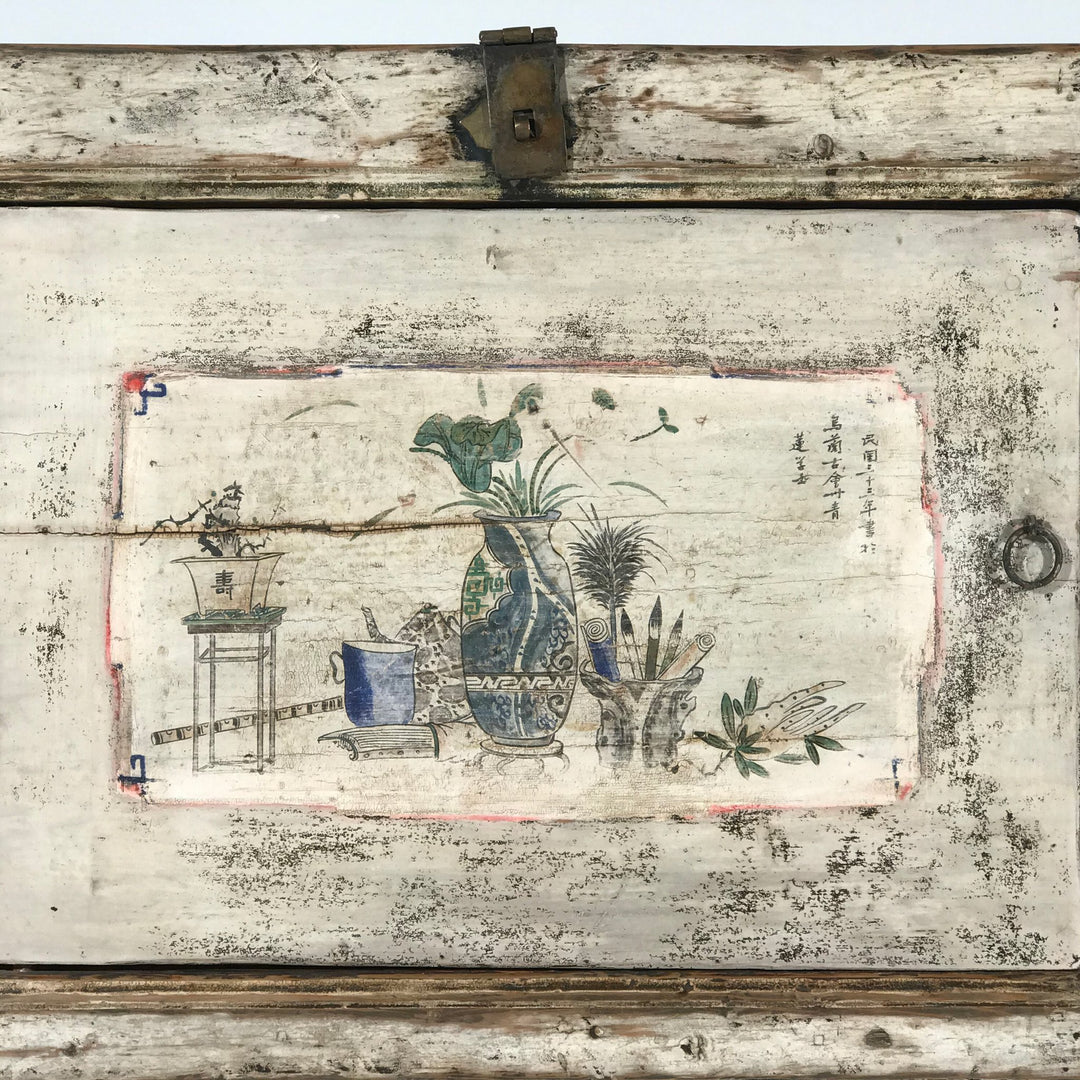 Old White Painted Mongolian Sideboard with Original Painting and Original Brass