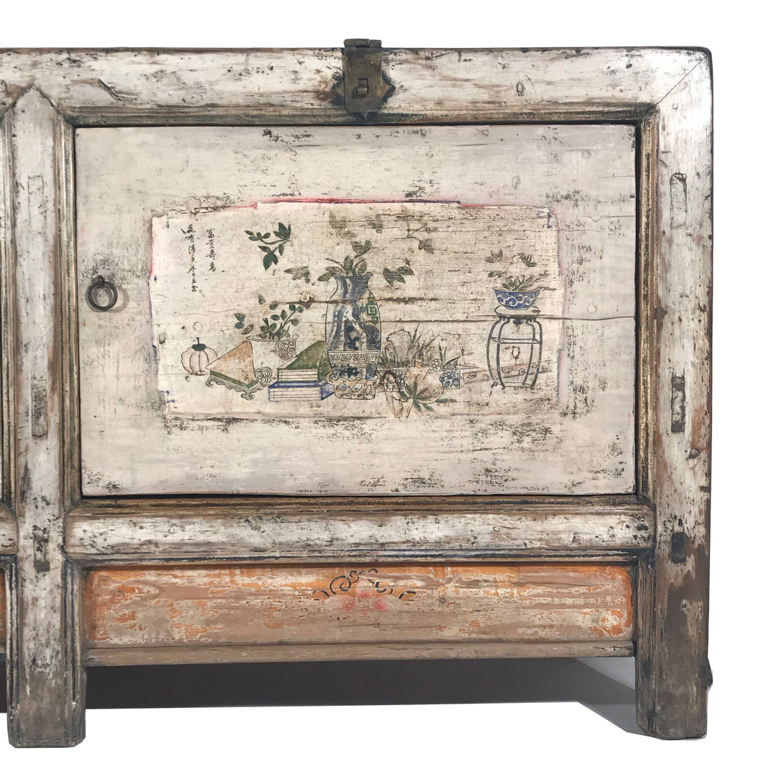 Old White Painted Mongolian Sideboard with Original Painting and Original Brass
