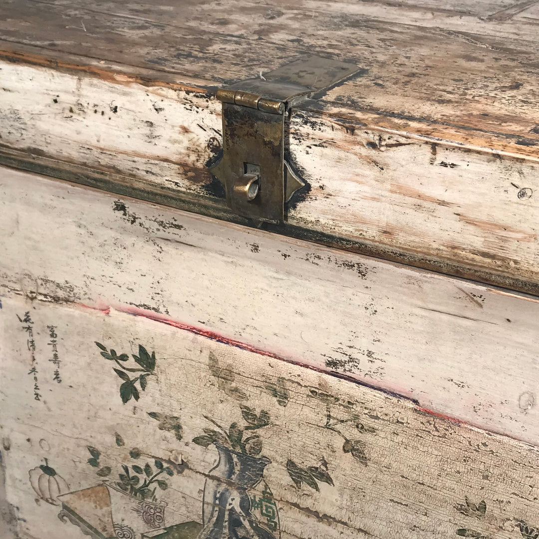 Old White Painted Mongolian Sideboard with Original Painting and Original Brass