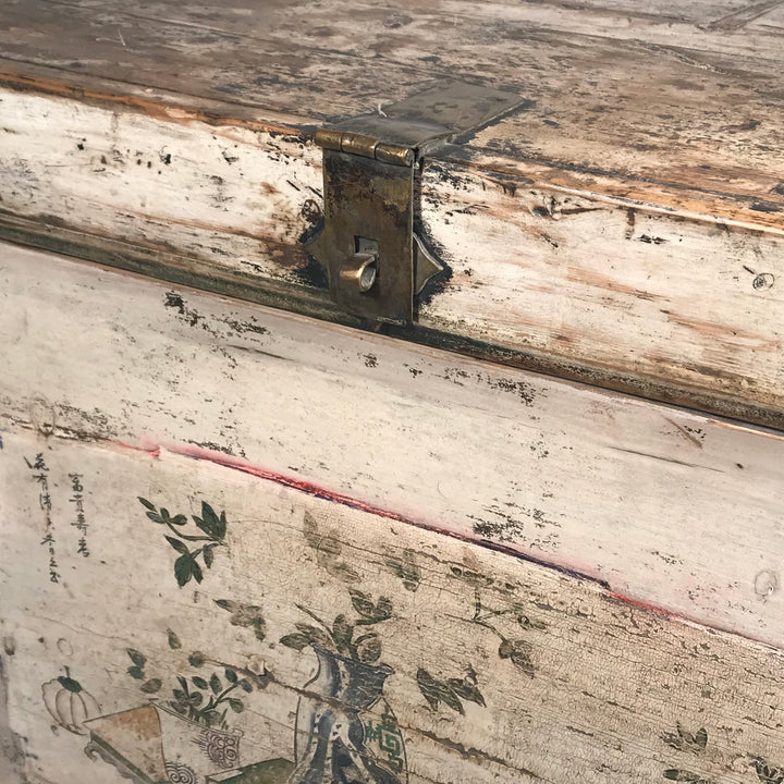 Old White Painted Mongolian Sideboard with Original Painting and Original Brass