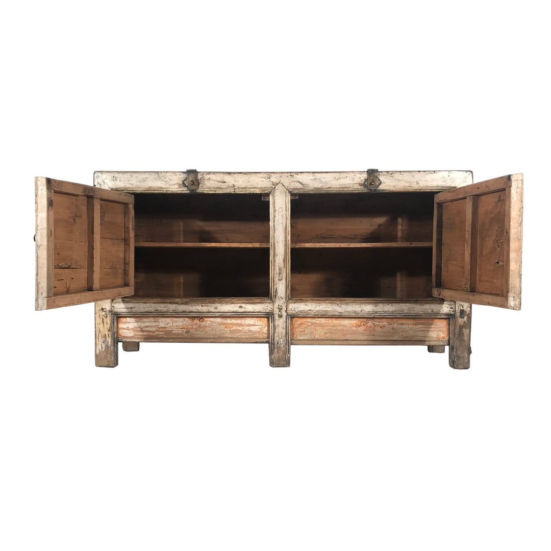 Old White Painted Mongolian Sideboard with Original Painting and Original Brass