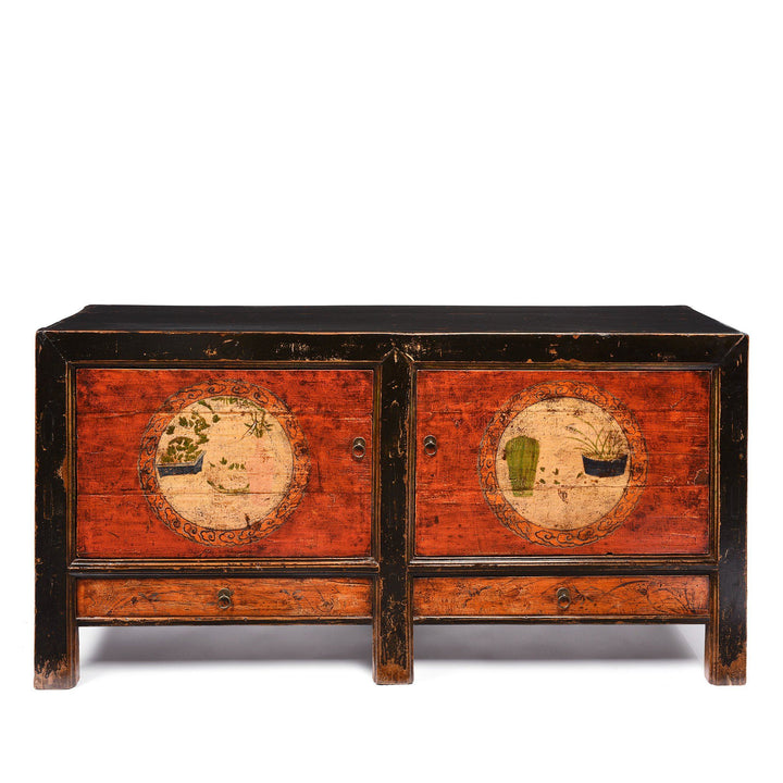 2 Door Traditional Black, Red & Orange Painted Mongolian Sideboard - 19thC | Indigo Antiques