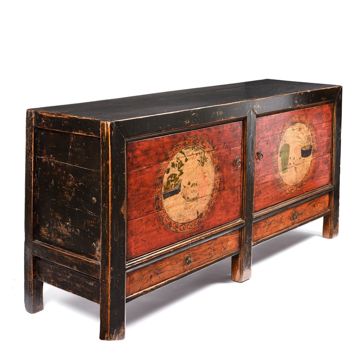 Side View of an Antique 2 Door Traditional Black, Red & Orange Painted Mongolian Sideboard - 19thC | Indigo Antiques