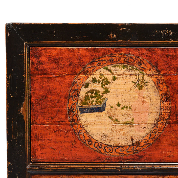 Detail of an Antique 2 Door Traditional Black, Red & Orange Painted Mongolian Sideboard - 19thC | Indigo Antiques