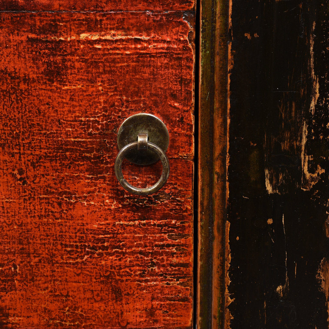 Brass hardware detail of an Antique 2 Door Traditional Black, Red & Orange Painted Mongolian Sideboard - 19thC | Indigo Antiques