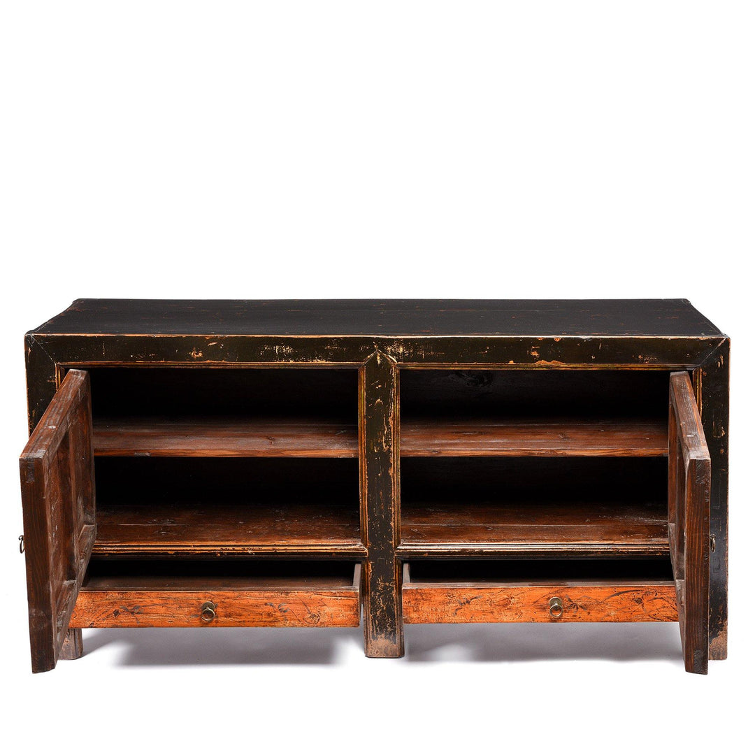Open door detail of an Antique 2 Door Traditional Black, Red & Orange Painted Mongolian Sideboard - 19thC | Indigo Antiques