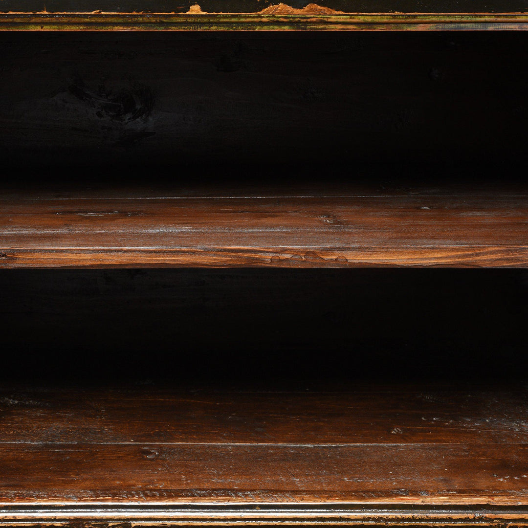 Open door detail of an Antique 2 Door Traditional Black, Red & Orange Painted Mongolian Sideboard - 19thC | Indigo Antiques