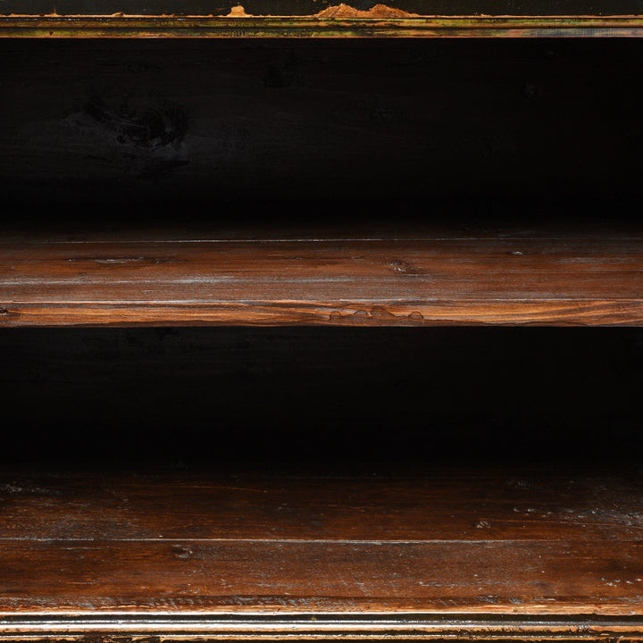 Open door detail of an Antique 2 Door Traditional Black, Red & Orange Painted Mongolian Sideboard - 19thC | Indigo Antiques