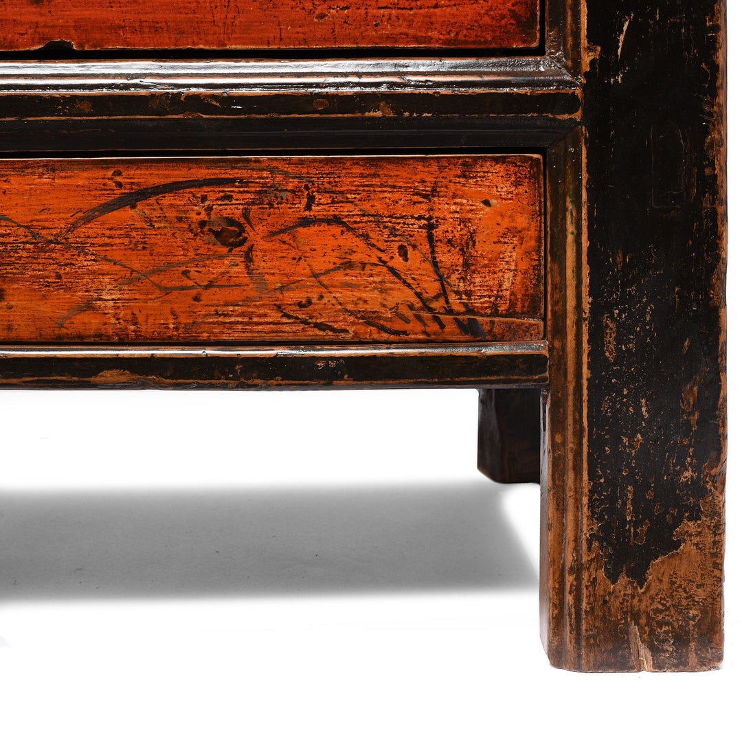 Feet detail of an Antique 2 Door Traditional Black, Red & Orange Painted Mongolian Sideboard - 19thC | Indigo Antiques