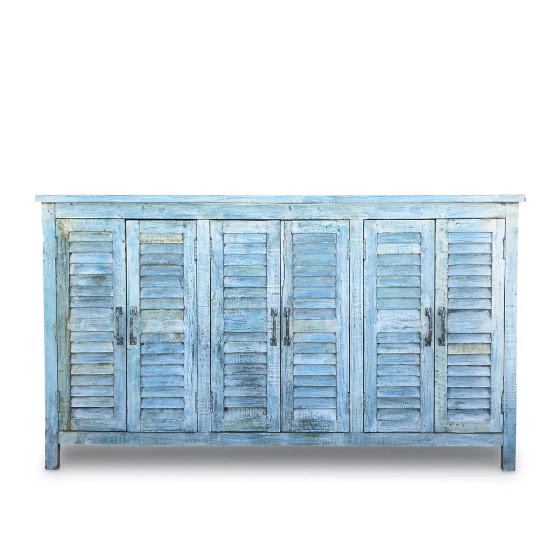 4 Door Louver Sideboard - Blue Painted Reclaimed Teak | Indigo Oriental Antiques