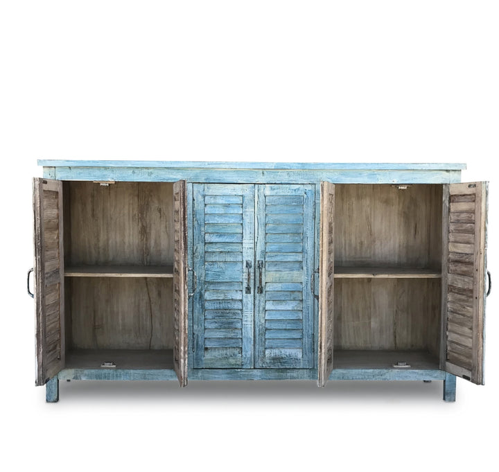 4 Door Louver Sideboard - Blue Painted Reclaimed Teak | Indigo Oriental Antiques