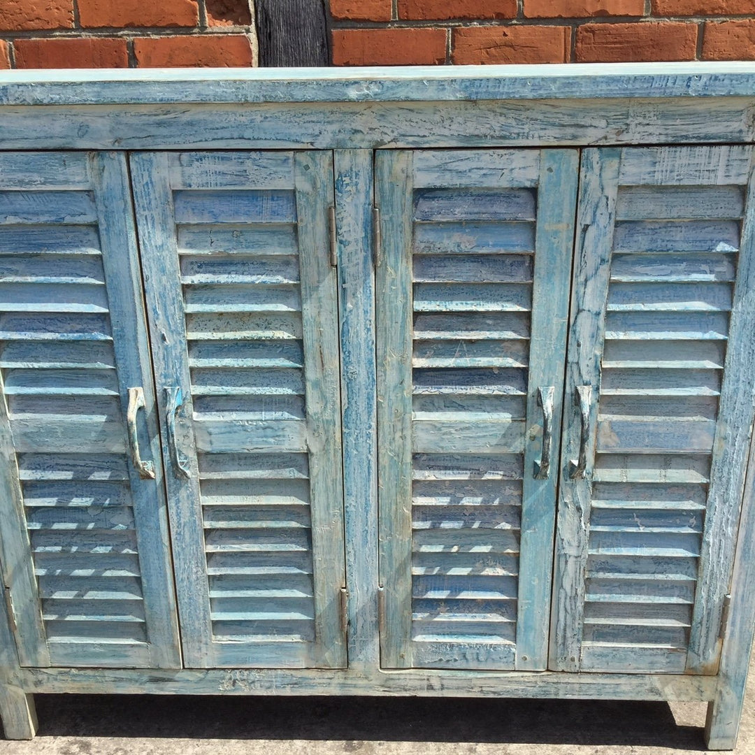 4 Door Louver Sideboard - Blue Painted Reclaimed Teak | Indigo Oriental Antiques
