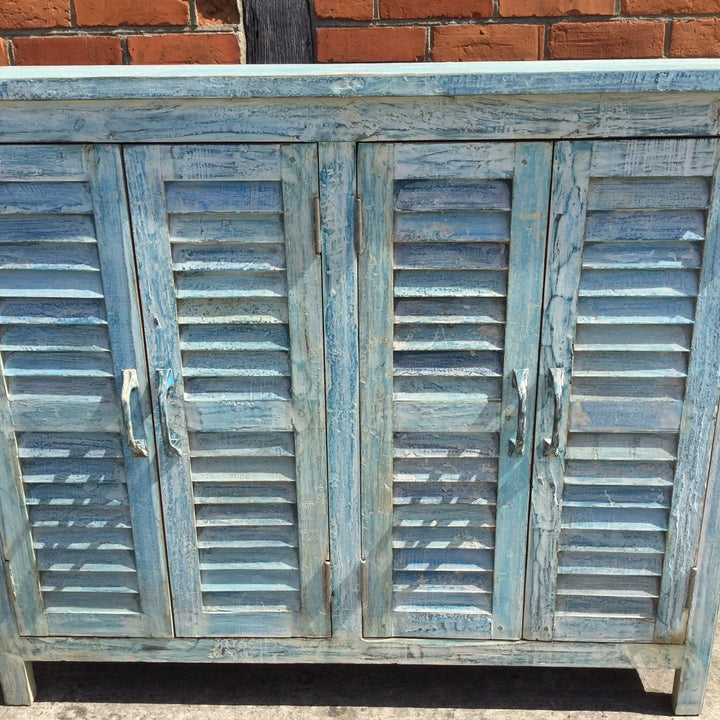 4 Door Louver Sideboard - Blue Painted Reclaimed Teak | Indigo Oriental Antiques