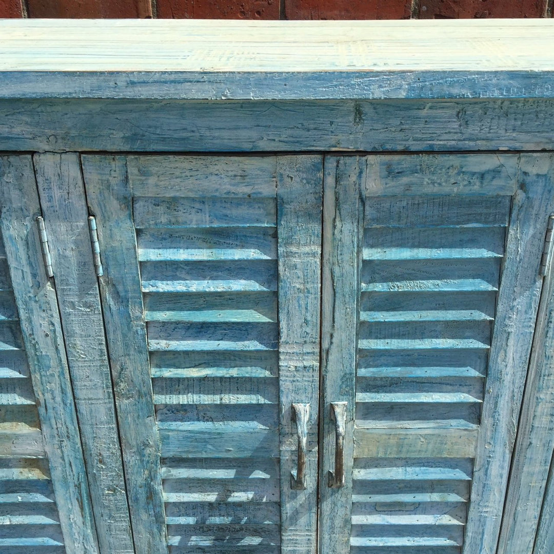 4 Door Louver Sideboard - Blue Painted Reclaimed Teak | Indigo Oriental Antiques