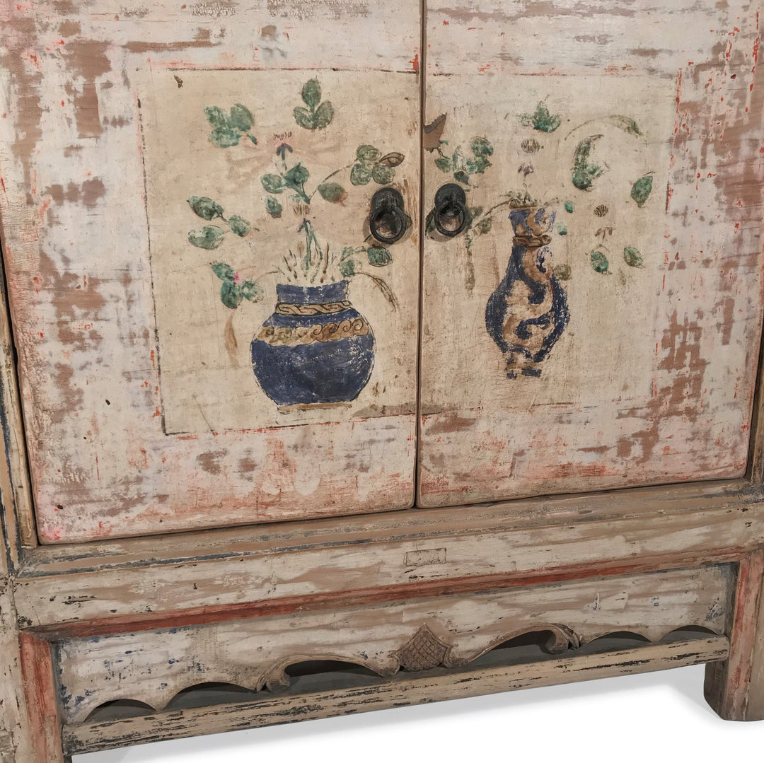 Pale Painted Antique Mongolian Sideboard With Pictures of Vases and Flowers.