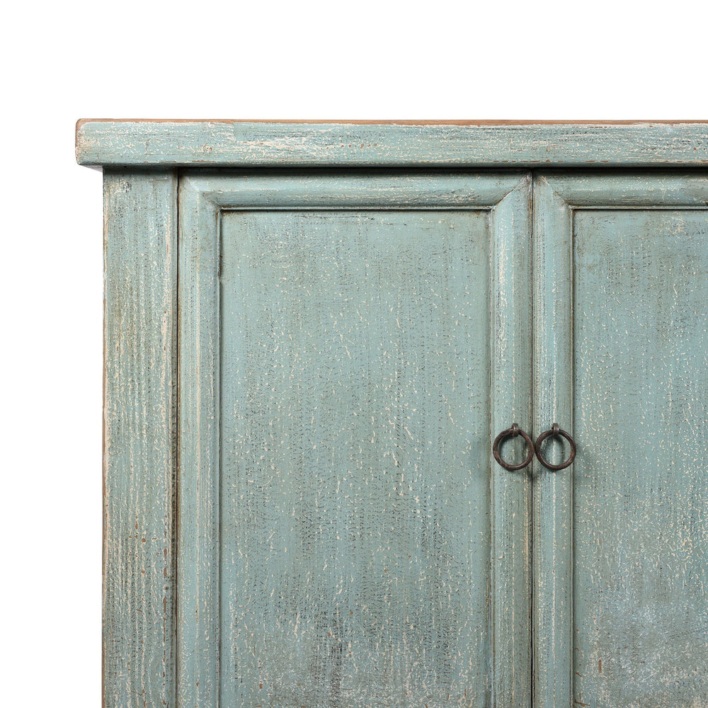 Corner View Of Blue 4 Door Sideboard Made From Reclaimed Pine | Indigo Antiques