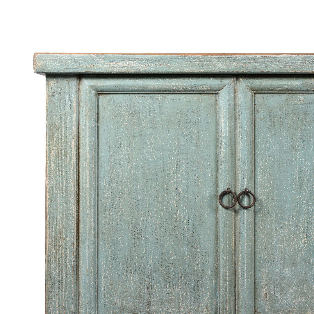 Corner View Of Blue 4 Door Sideboard Made From Reclaimed Pine | Indigo Antiques