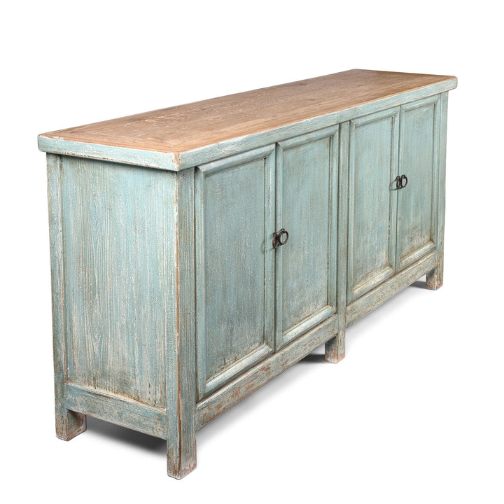 COrner View Of Blue 4 Door Sideboard Made From Reclaimed Pine | Indigo Antiques