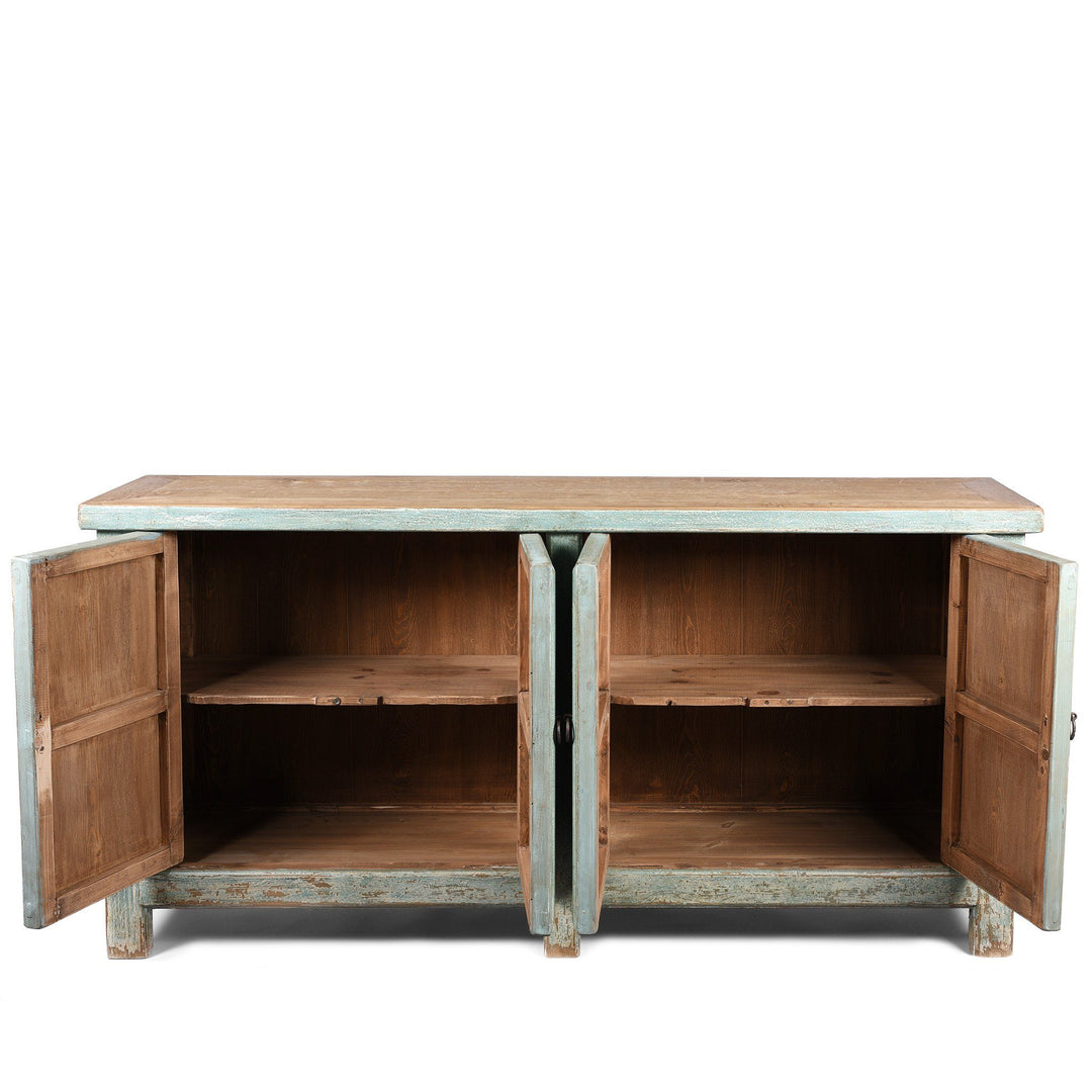 Interior Of Blue 4 Door Sideboard Made From Reclaimed Pine | Indigo Antiques