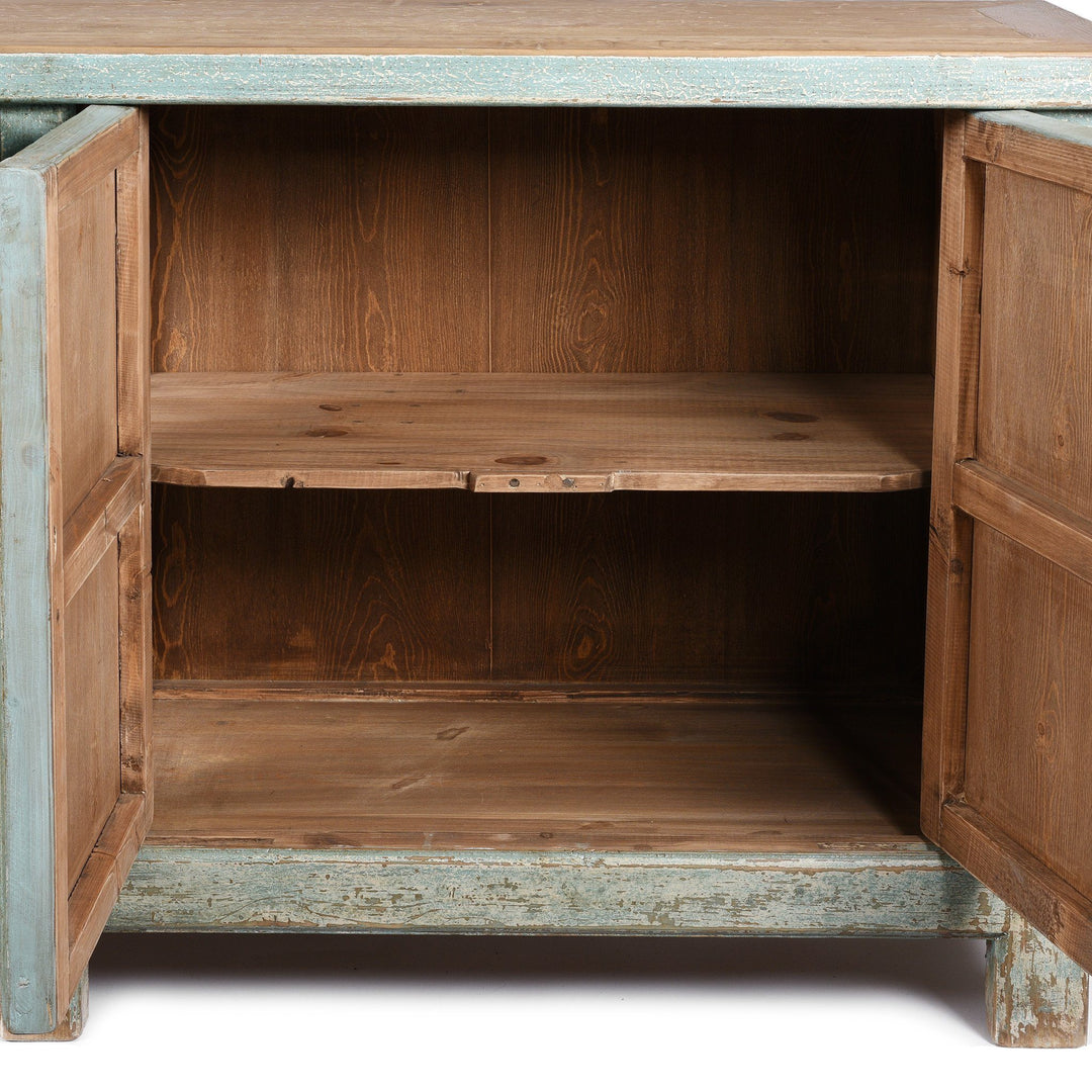Interior Detail Of Blue 4 Door Sideboard Made From Reclaimed Pine | Indigo Antiques
