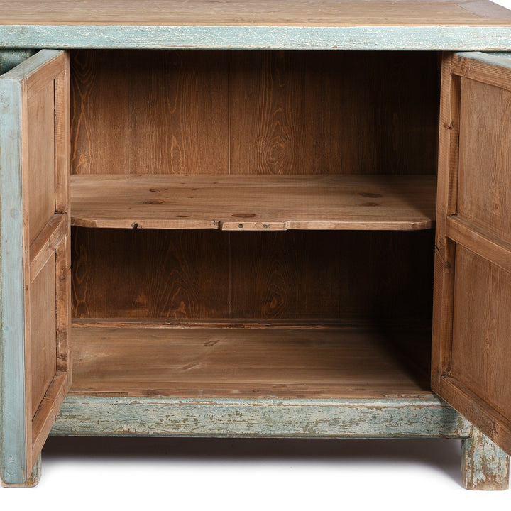 Interior Detail Of Blue 4 Door Sideboard Made From Reclaimed Pine | Indigo Antiques