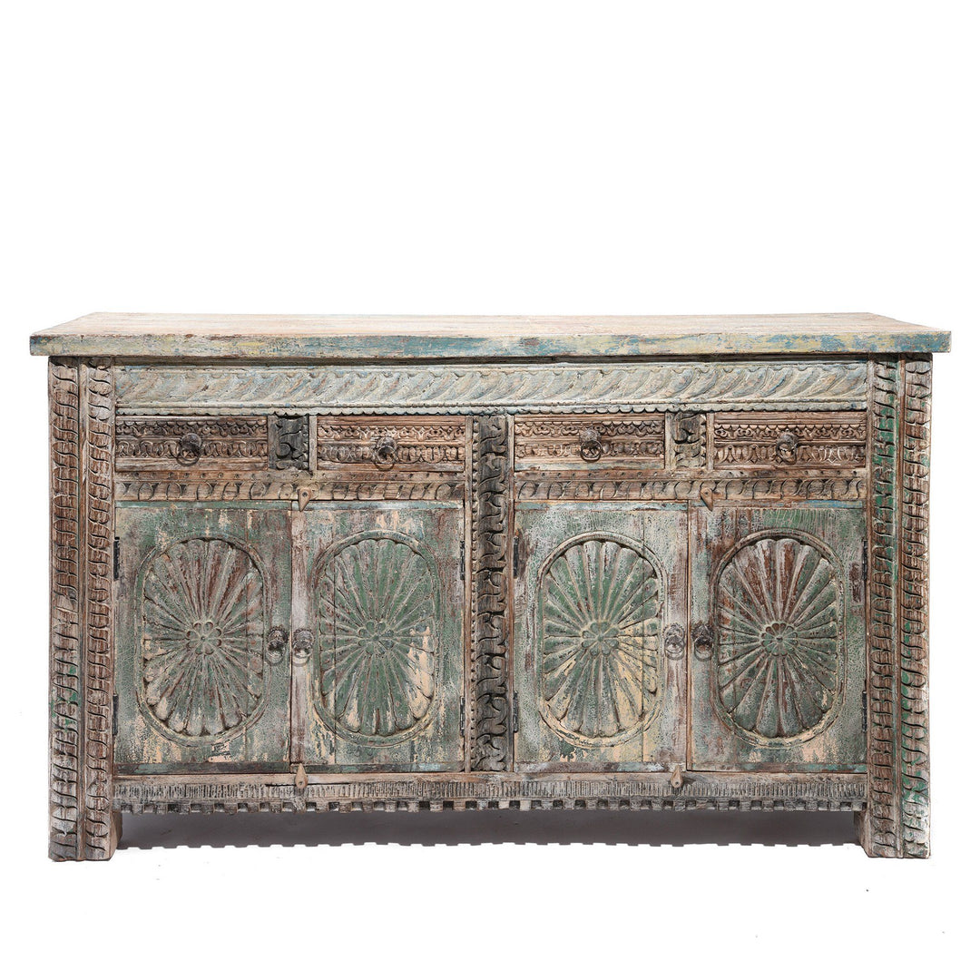 Aqua Painted Reclaimed Teak Wood Indian 4 Door Sideboard Made From Reclaimed Carved Panels | Indigo Antiques