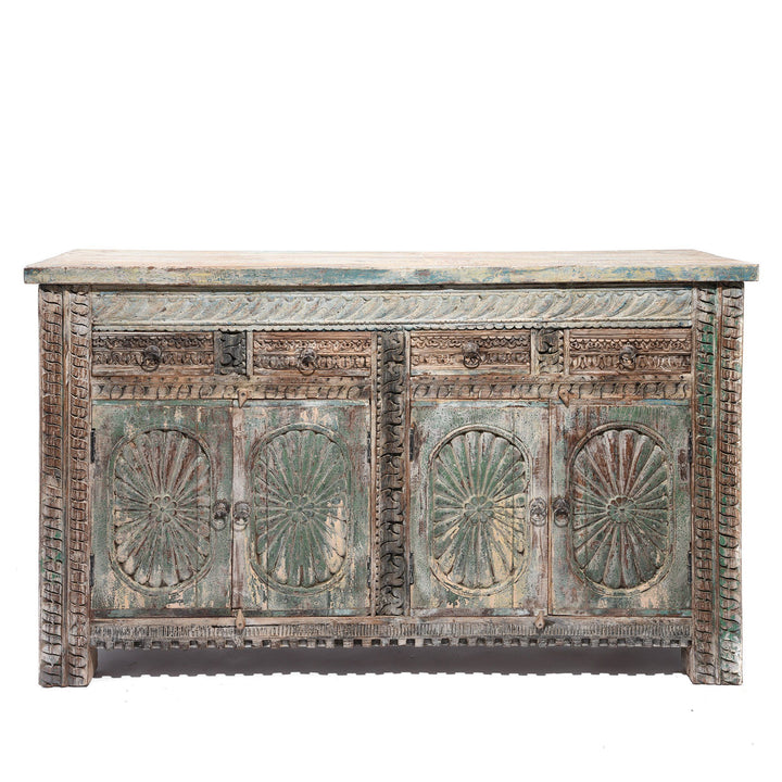Aqua Painted Reclaimed Teak Wood Indian 4 Door Sideboard Made From Reclaimed Carved Panels | Indigo Antiques