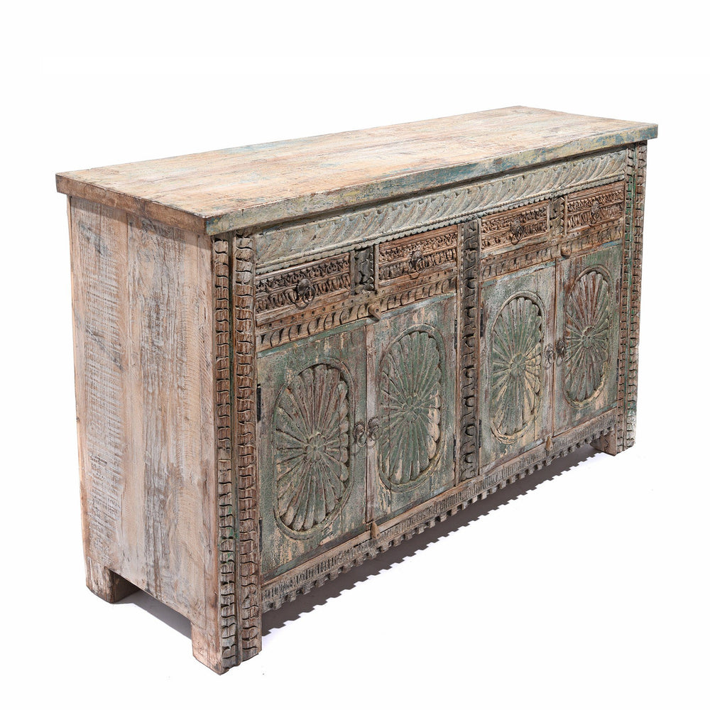 Aqua Painted Reclaimed Teak Wood Indian 4 Door Sideboard Made From Reclaimed Carved Panels | Indigo Antiques