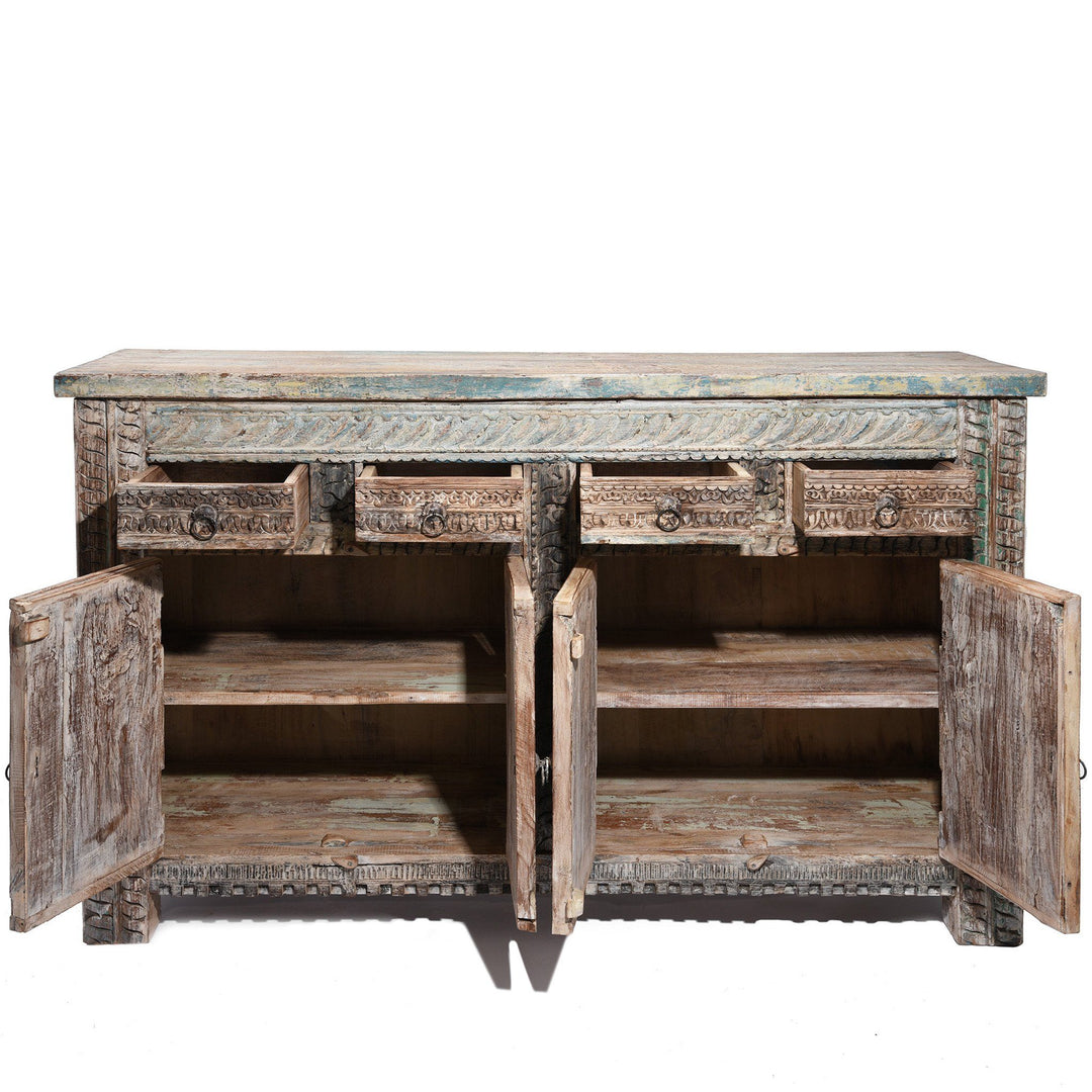 Open Detail of a Aqua Painted Reclaimed Teak Wood Indian 4 Door Sideboard Made From Reclaimed Carved Panels | Indigo Antiques