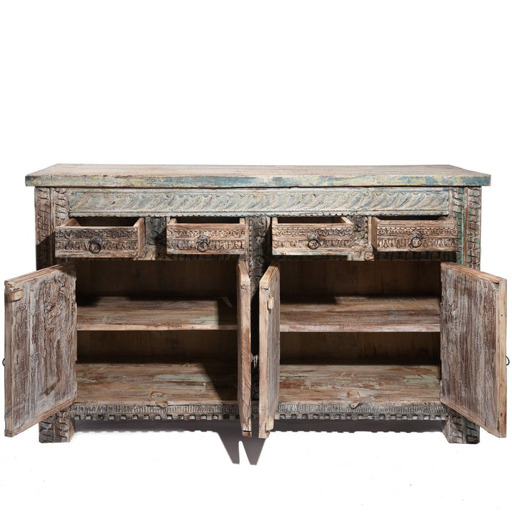 Open Detail of a Aqua Painted Reclaimed Teak Wood Indian 4 Door Sideboard Made From Reclaimed Carved Panels | Indigo Antiques
