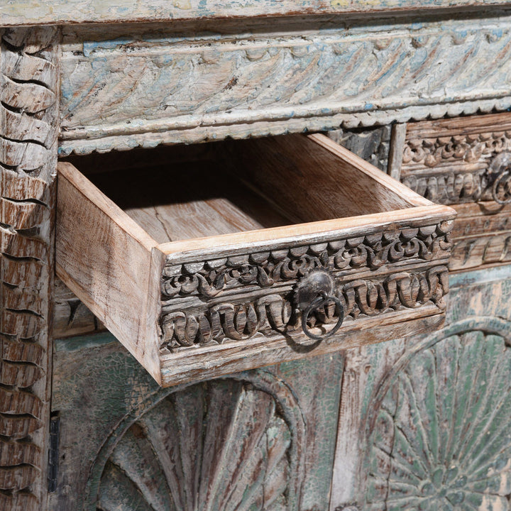 Drawer Detail from an Aqua Painted Reclaimed Teak Wood Indian 4 Door Sideboard Made From Reclaimed Carved Panels | Indigo Antiques