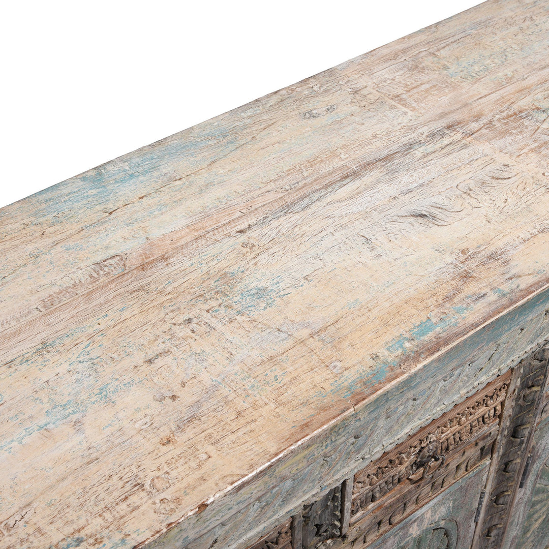 Aqua Painted Reclaimed Teak Wood Indian 4 Door Sideboard Made From Reclaimed Carved Panels | Indigo Antiques