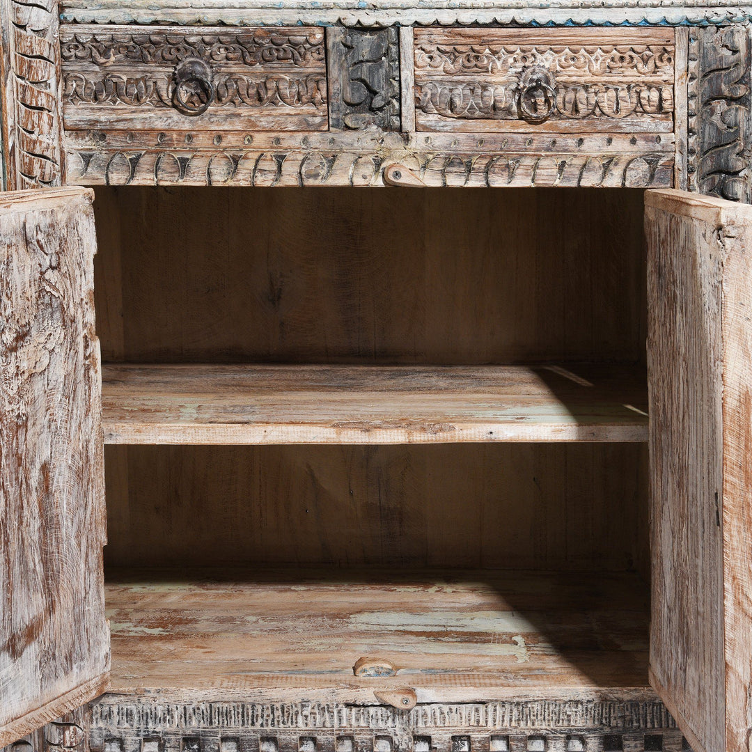 Aqua Painted Reclaimed Teak Wood Indian 4 Door Sideboard Made From Reclaimed Carved Panels | Indigo Antiques