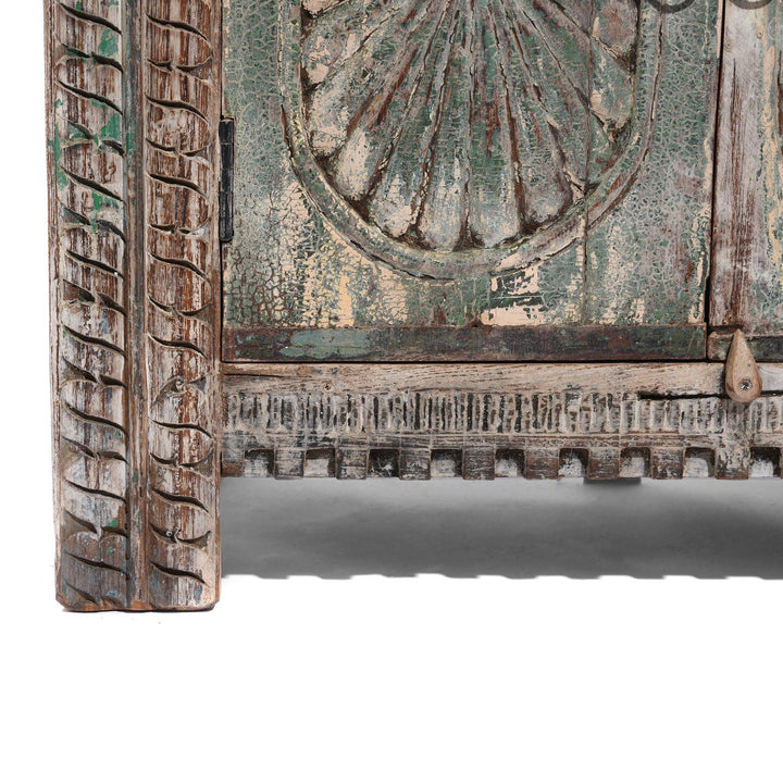 Aqua Painted Reclaimed Teak Wood Indian 4 Door Sideboard Made From Reclaimed Carved Panels | Indigo Antiques
