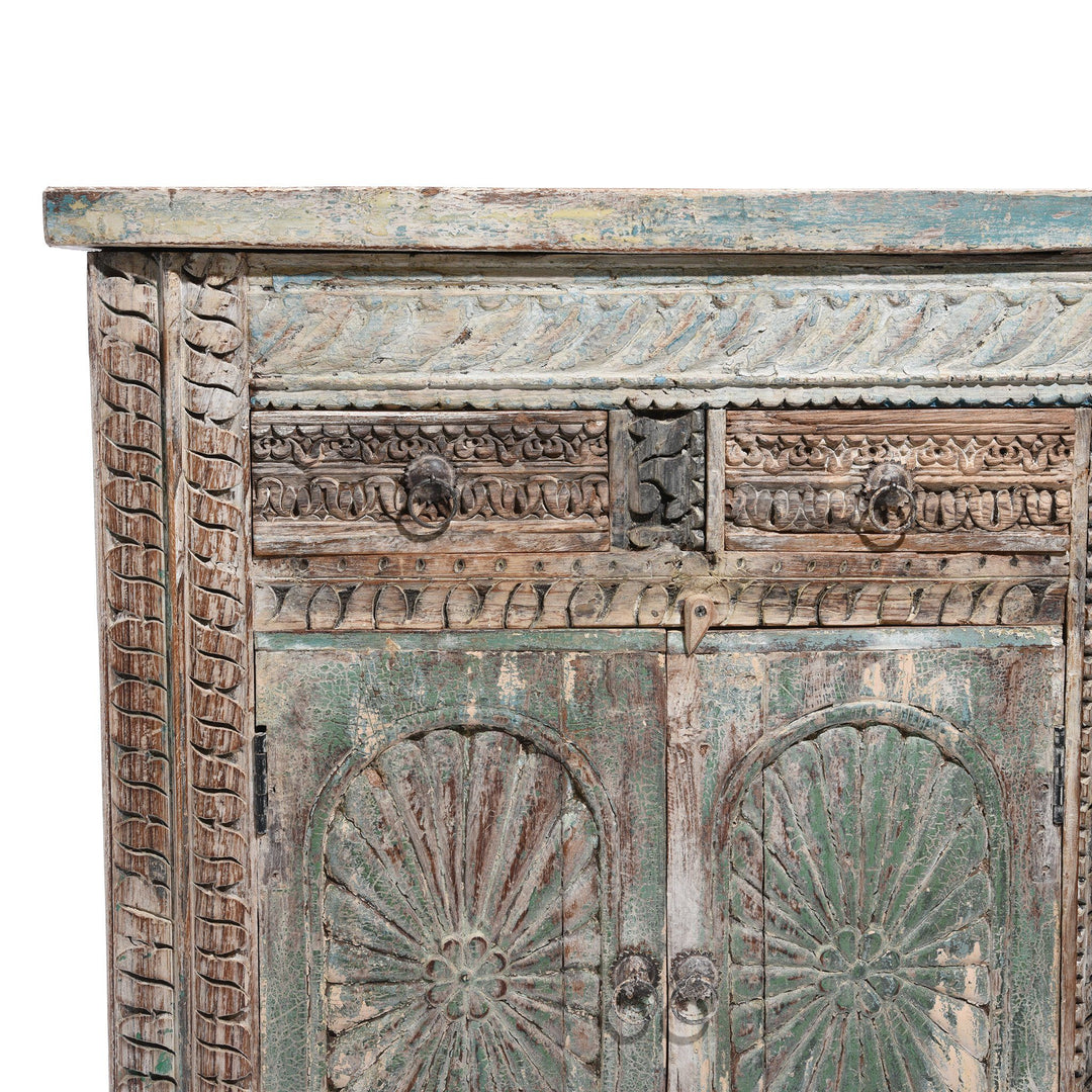 Aqua Painted Reclaimed Teak Wood Indian 4 Door Sideboard Made From Reclaimed Carved Panels | Indigo Antiques