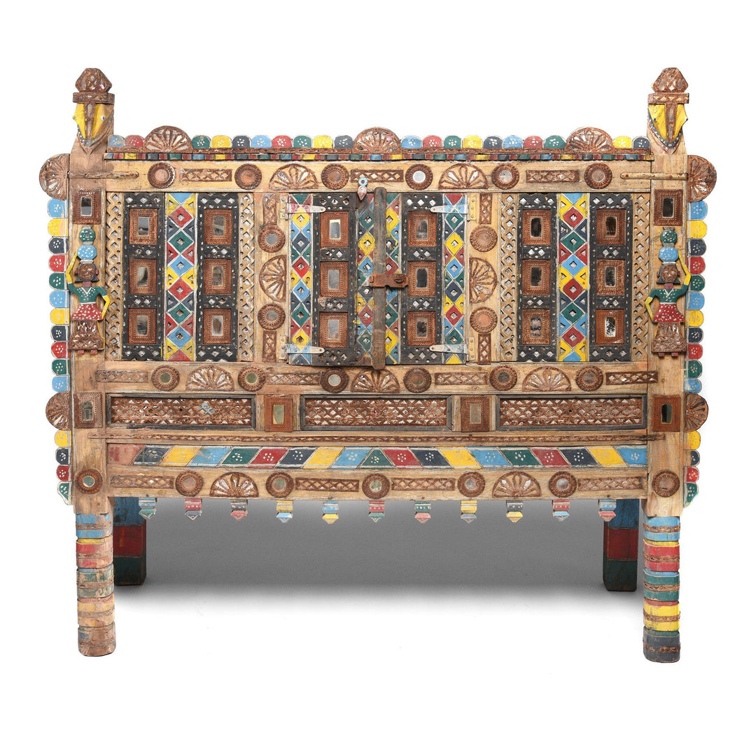 Painted Teak Damchiya Dowry Chest With Mirrors From Kutch - Ca 1920 | Indigo Antiques